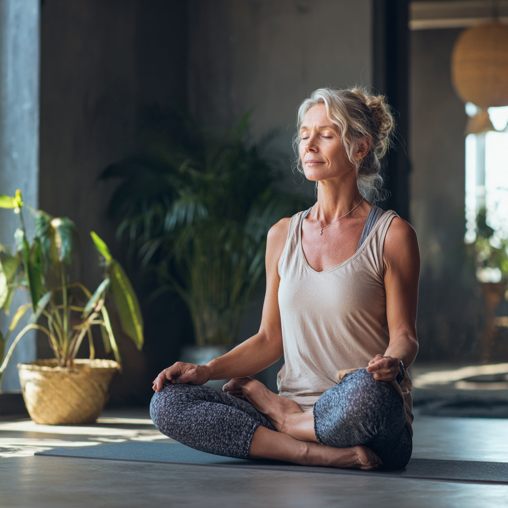 Mature 51 years old practicing yoga poses in peaceful studio environment showing relaxation and wellbeing