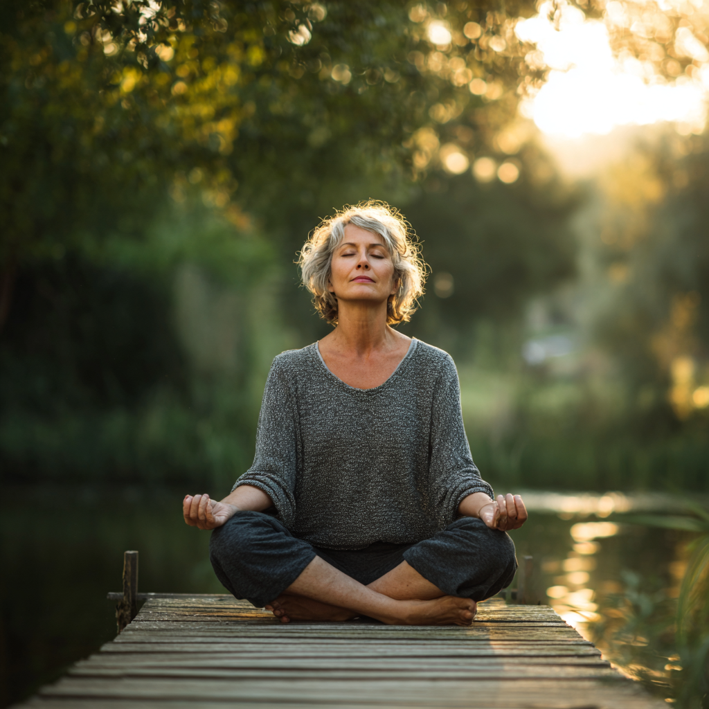 Peaceful 50 years old woman practicing yoga meditation in serene natural environment
