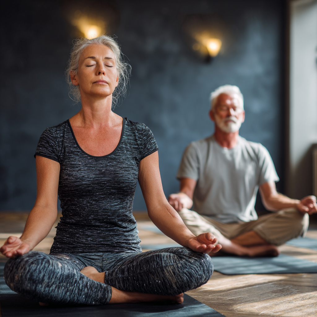 Serene yoga studio interior with 52 years old practitioners in peaceful meditation poses